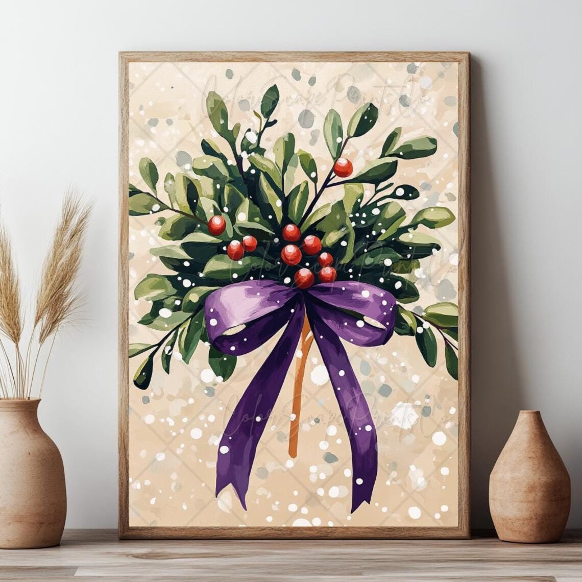 Green Foliage Bouquet with Red Berries and Purple Bow Winter Poster