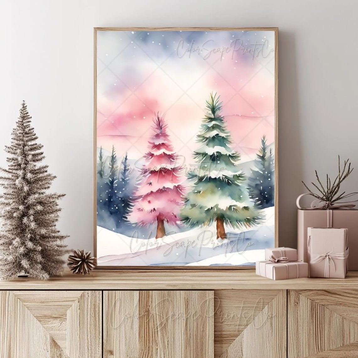 Pastel Watercolor Snowy Pine Trees at Sunset Soft Winter Art Poster