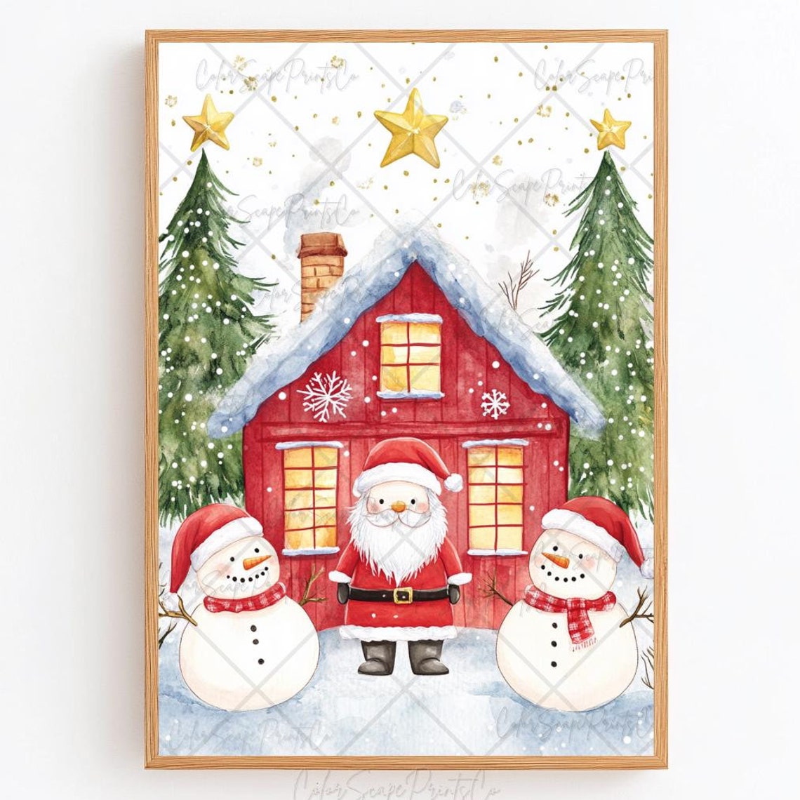 Christmas Village Print Santa Claus And Snowman Painting Festive House Print Winter Scene Print Colorful Christmas Print Christmas Landscape