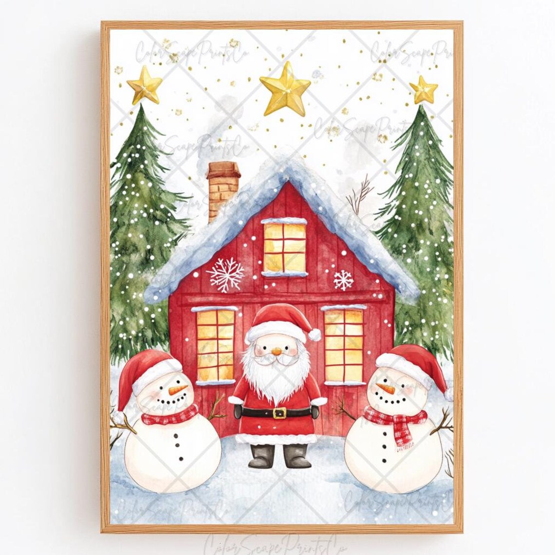 Santa Claus and Two Snowmen Red Cabin Christmas Morning Poster