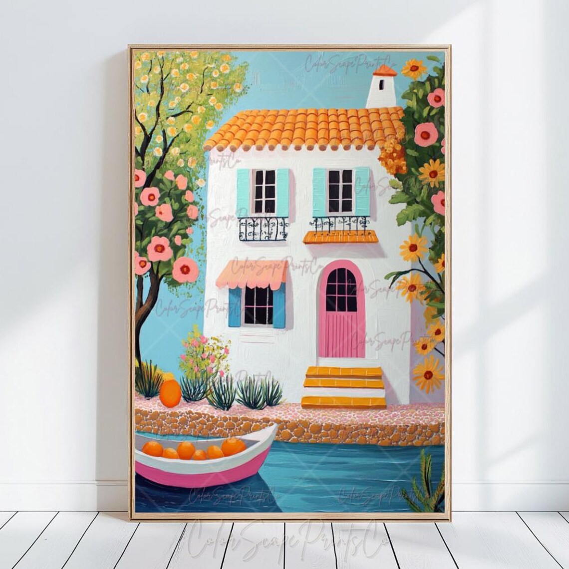 Mediterranean Village Print, Whimsical Coastal Wall Art