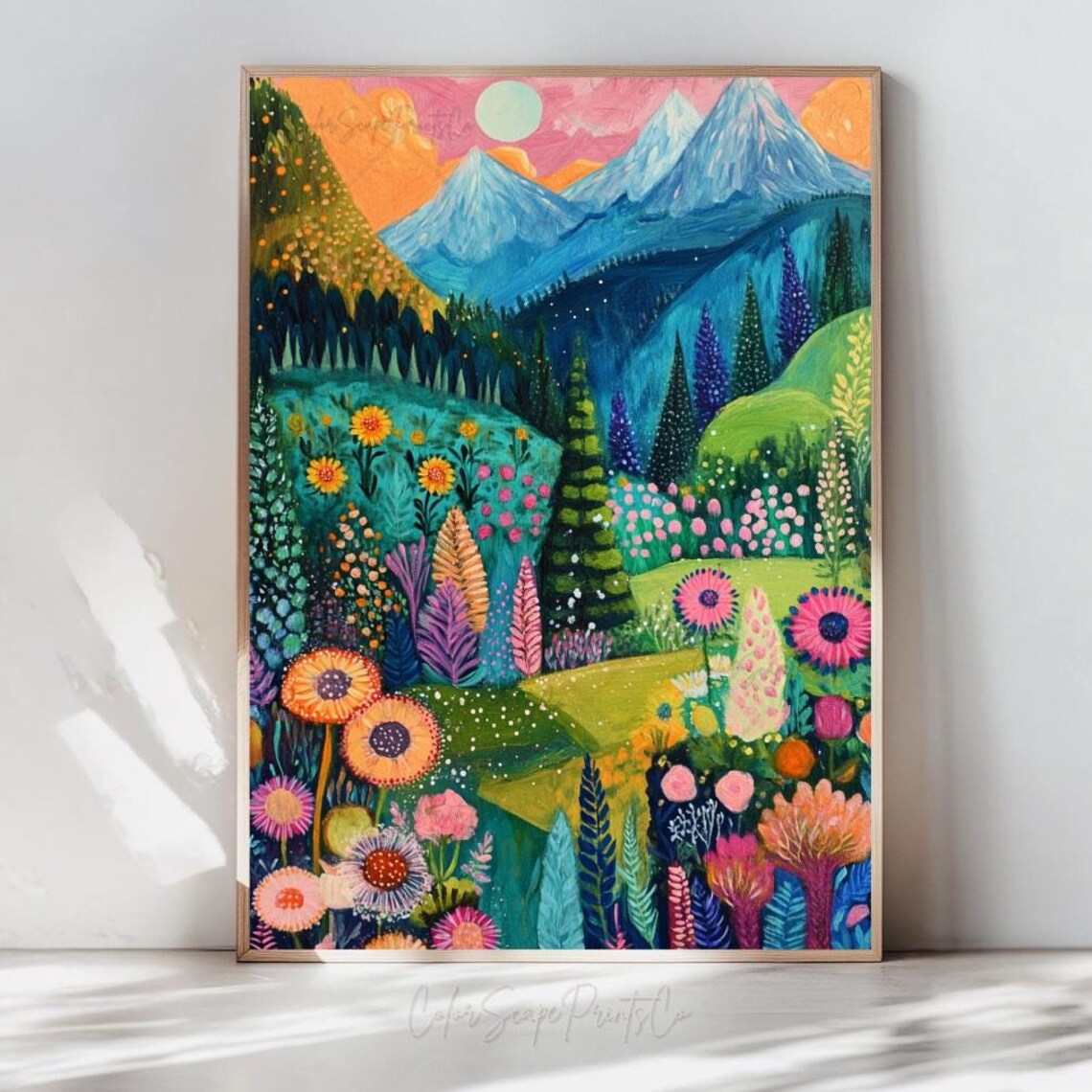 Vibrant Mountain Landscape Art Print, Whimsical Nature Scene