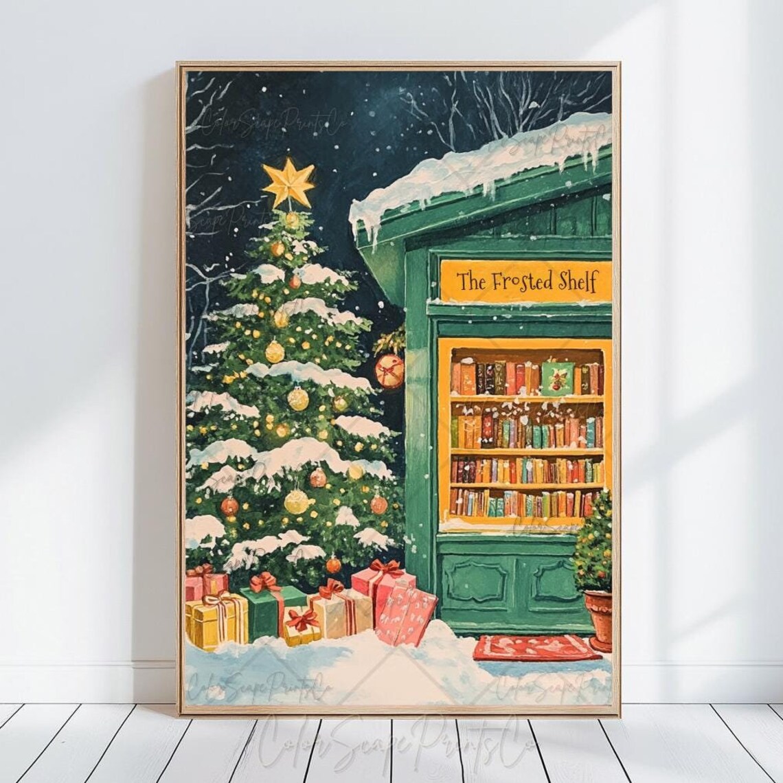 The Frosted Shelf Bookstore Snowy Christmas Night Poster Art