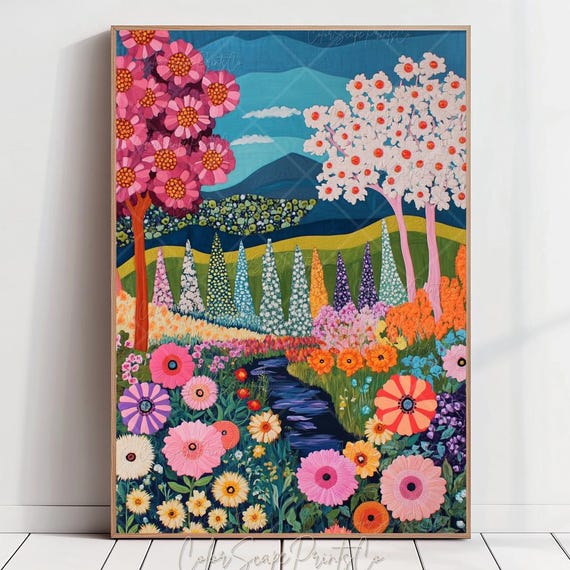 Spring Meadow Print Wildflowers Painting Colorful Landscape Whimsical Garden Stream Bright Trees Blooming