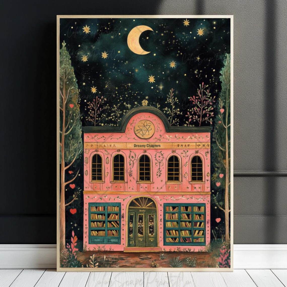 Dreamy Chapters Pink Bookshop Under Crescent Moon Night Poster