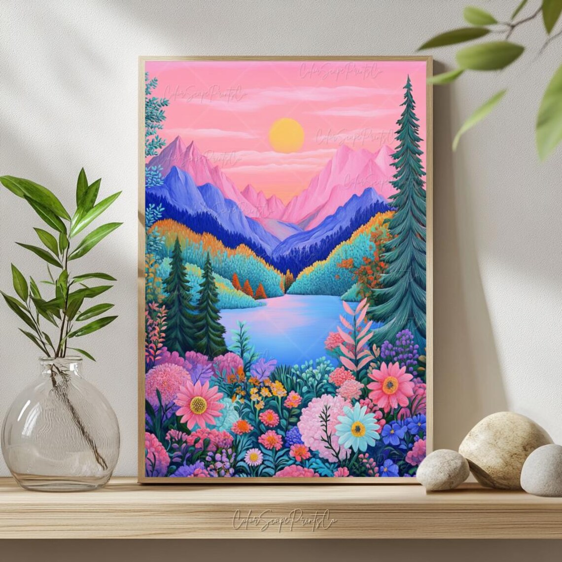 Colorful Mountain Lake Landscape Art Print