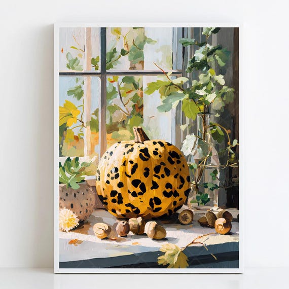 Rustic Fall Window Scene Print Leopard Pumpkin Colorful Halloween Art Autumn Windowsill Decor Cozy