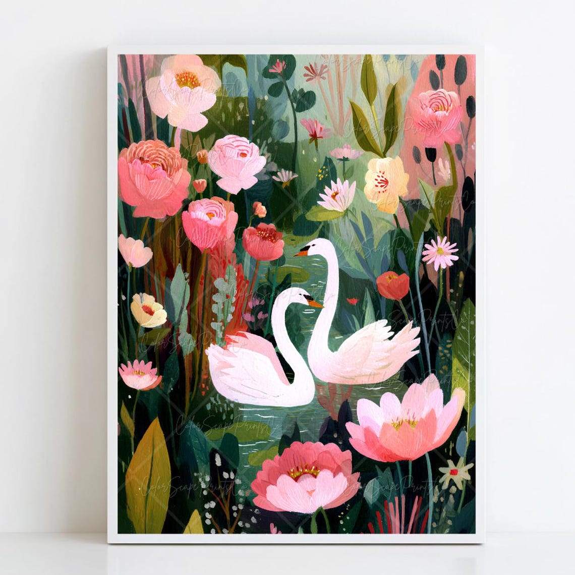 Two White Swans Among Pink Blossoms Whimsical Garden Pond Poster