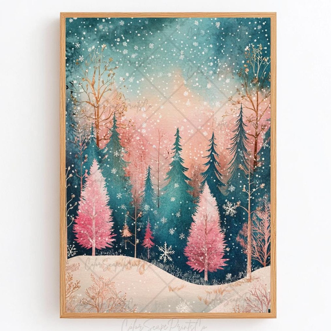 Pink Winter Forest Snowy Whimsical Christmas Trees Poster Art