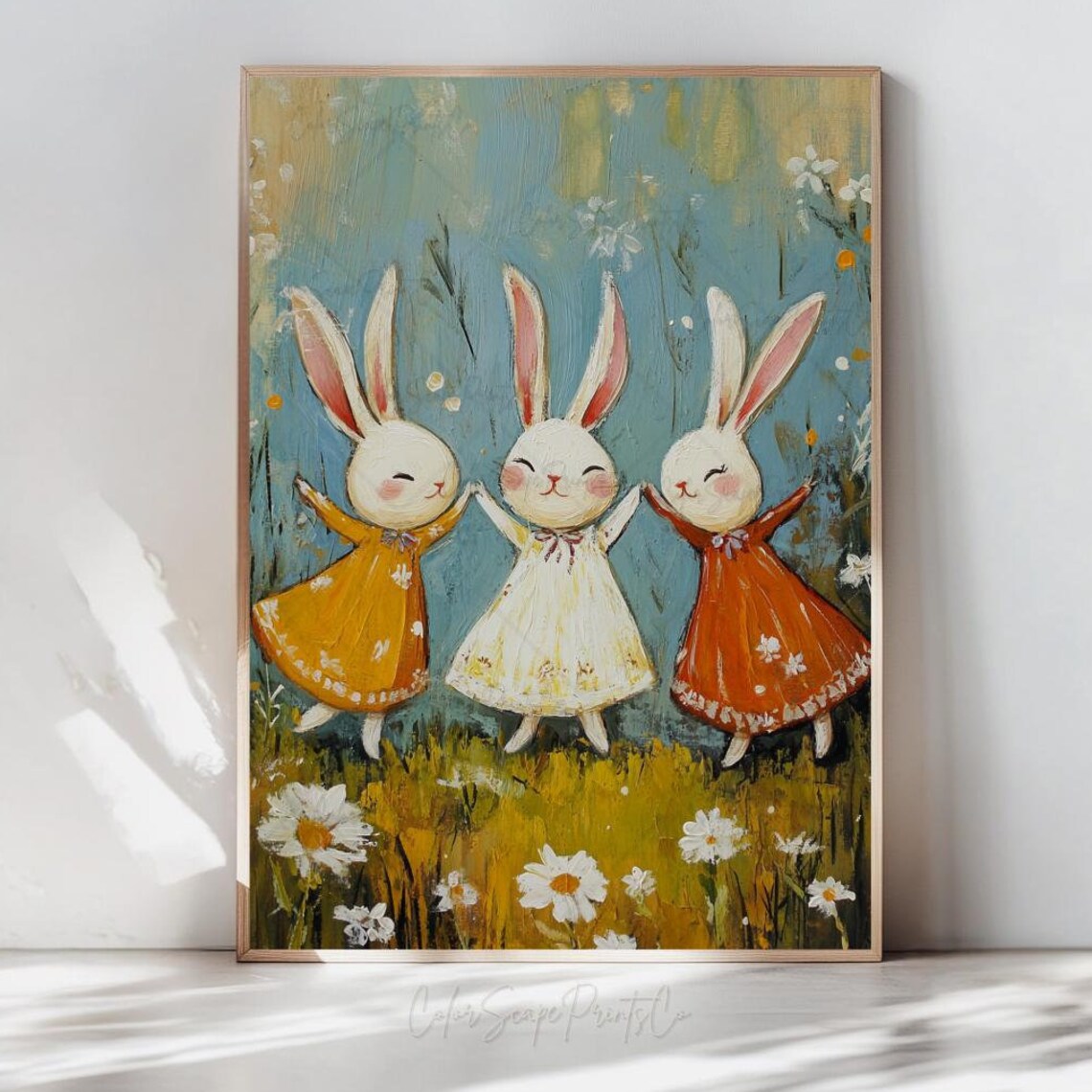 Dancing Bunny Trio Daisy Meadow Whimsical Rabbit Nursery Art Poster