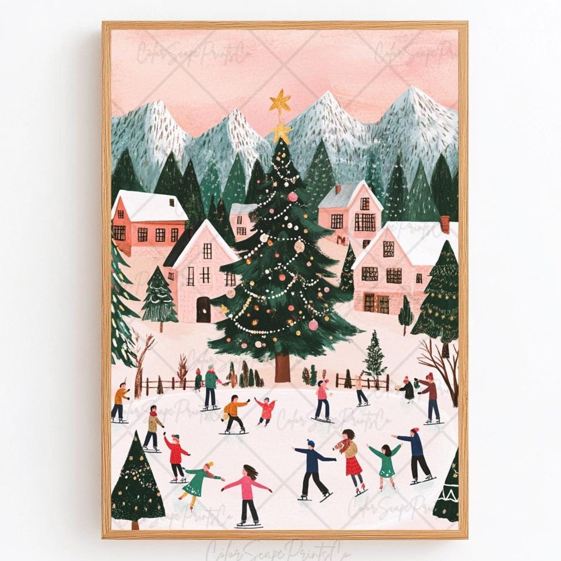 Ice Skating Print Winter Cityscape Painting Winter Wonderland Painting Christmas Village Print Pink House Art Decorated Christmas Tree Print