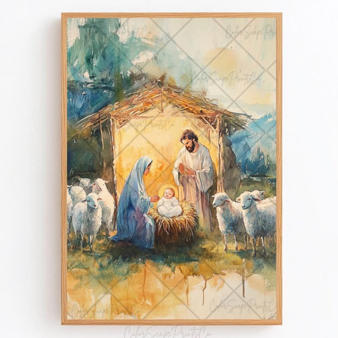 Jesus in the Holy Manger Nativity Scene Mary Joseph Sheep Poster