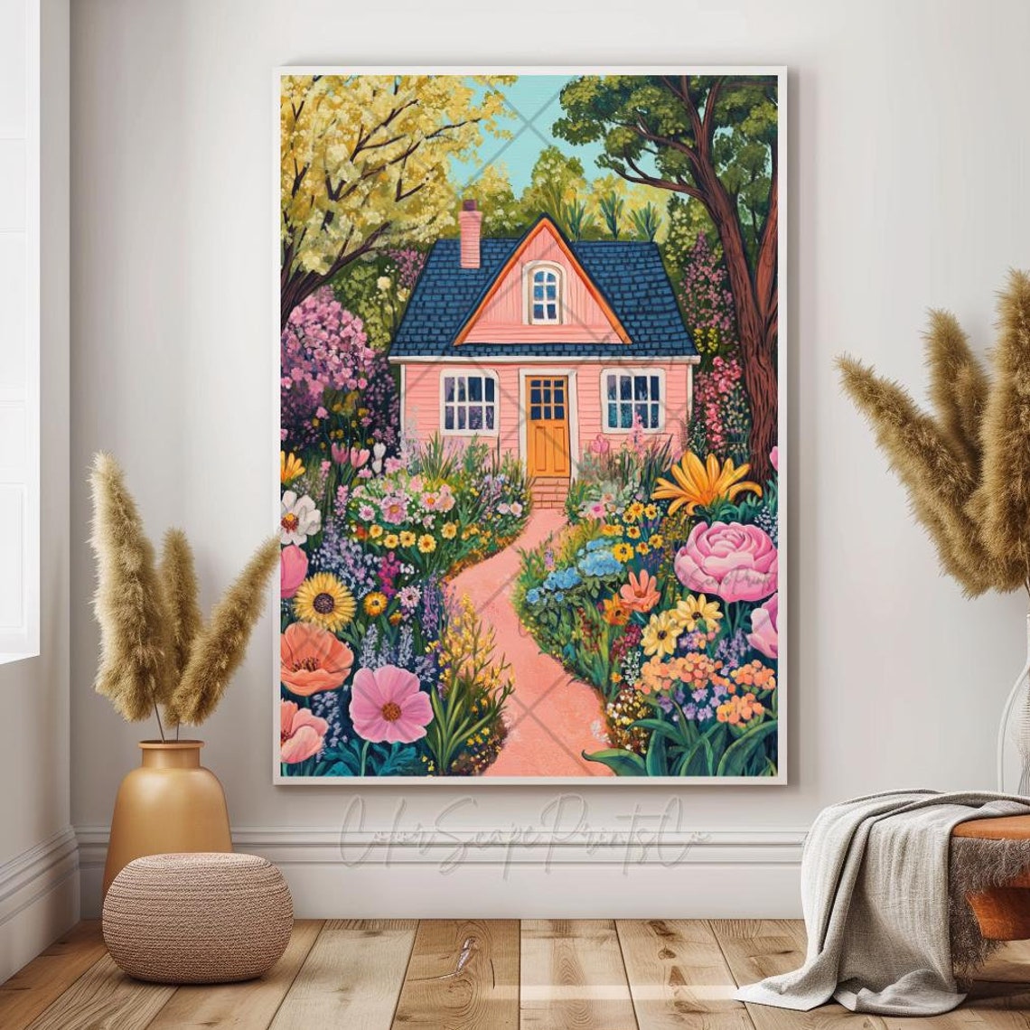 Pink Cottage Flower Garden Path Whimsical Floral House Poster