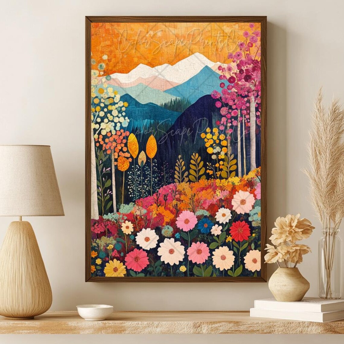 Colorful Wildflower Meadow Mountain Sunset Botanical Art Poster