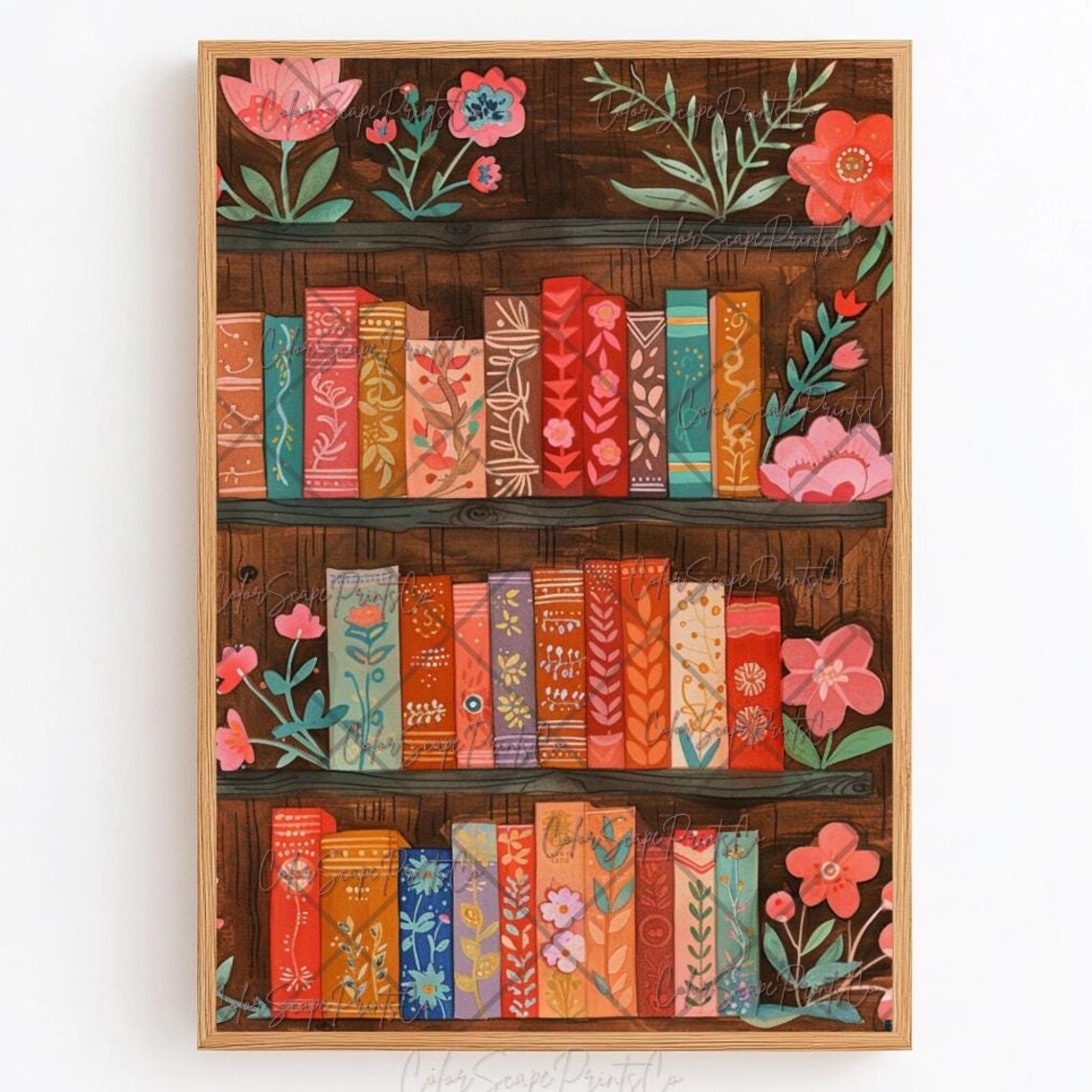 Cozy Colorful Books on Wooden Shelf Library Reading Nook Poster