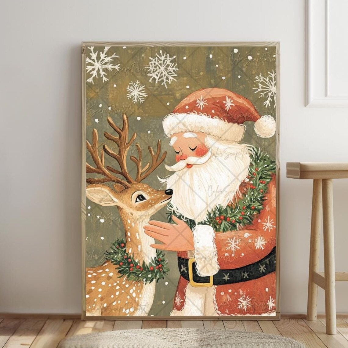 Santa Claus and Reindeer Nose to Nose Snowy Christmas Moment Poster