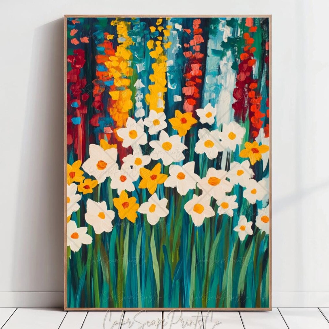 Daffodil Field Painting Bold White Yellow Flowers Impasto Wall Art