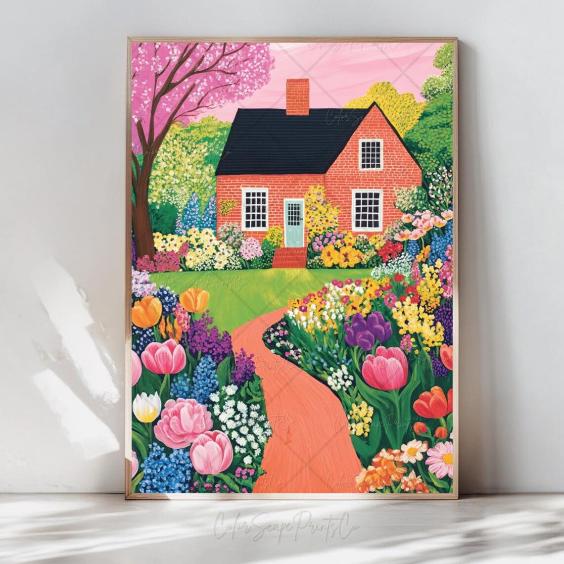 Brick Cottage Tulip Garden Poster Whimsical Spring Flowers Path Art