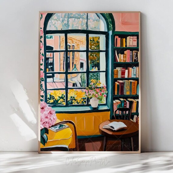 Cozy Vintage Bookstore Interior Painting Window Bookshelf Wall Art