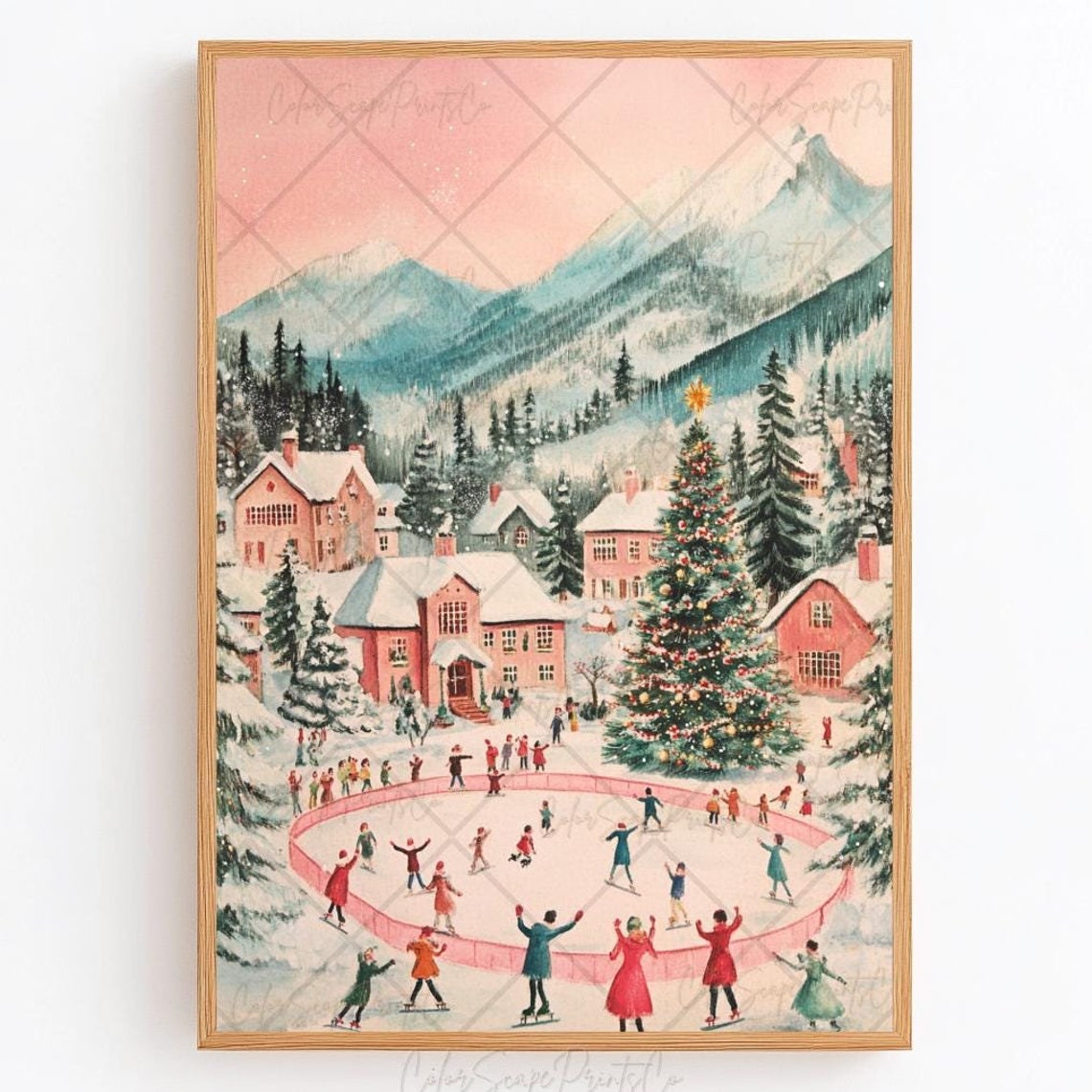 Winter Wonderland Painting Christmas Village Print Victorian Ice Skating Print Pink Winter Village Houses Art Pink Houses Holiday Wall Art