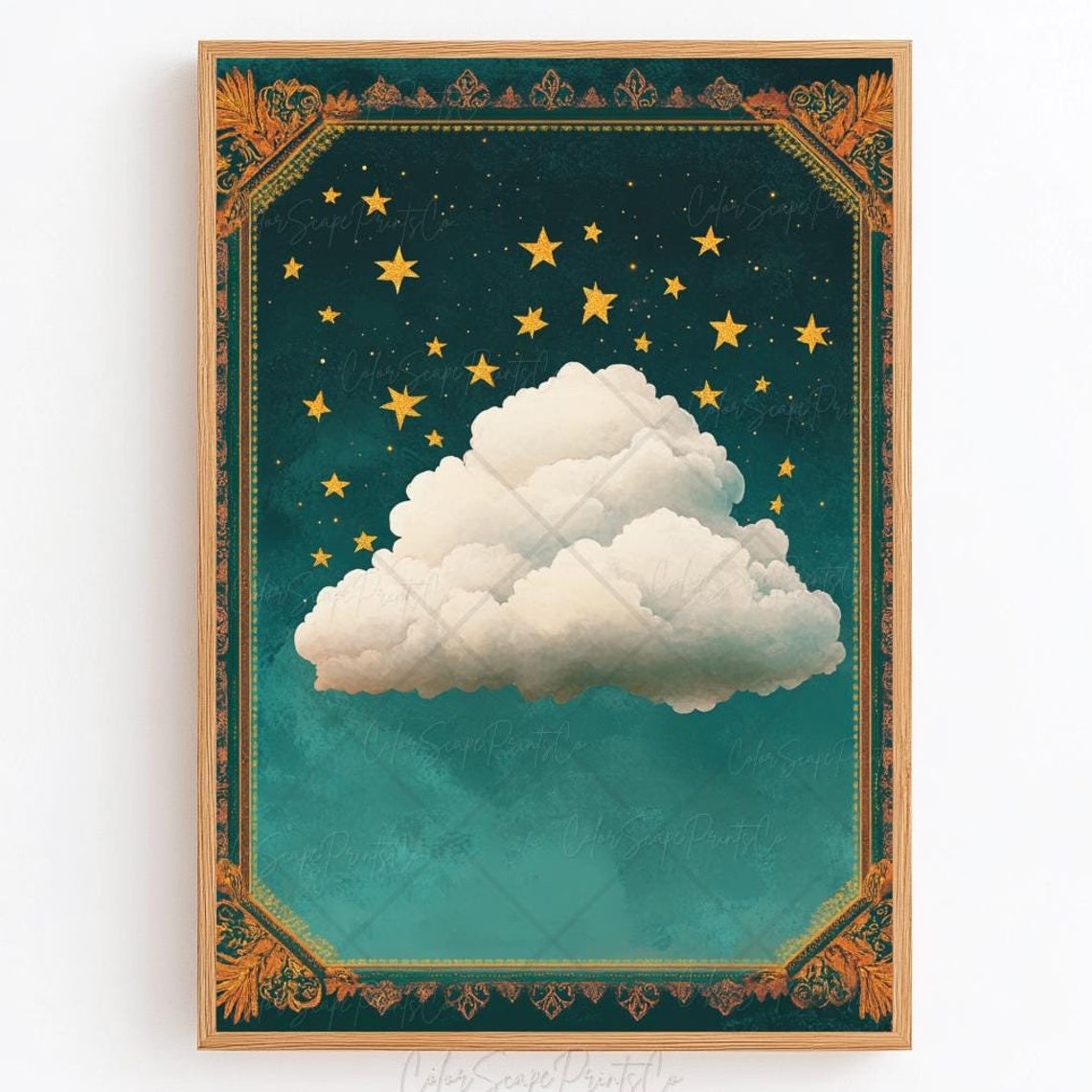 Fluffy White Cloud Starry Teal Night Sky Celestial Art Poster