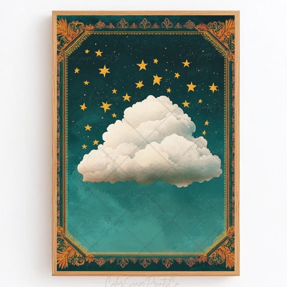 Cloud Print Whimsical Cloud Painting Starry Sky Painting Teal Wall Art Antique Sky Print Teal Gold Print Cloudy Sky Art Maximalist Wall Art