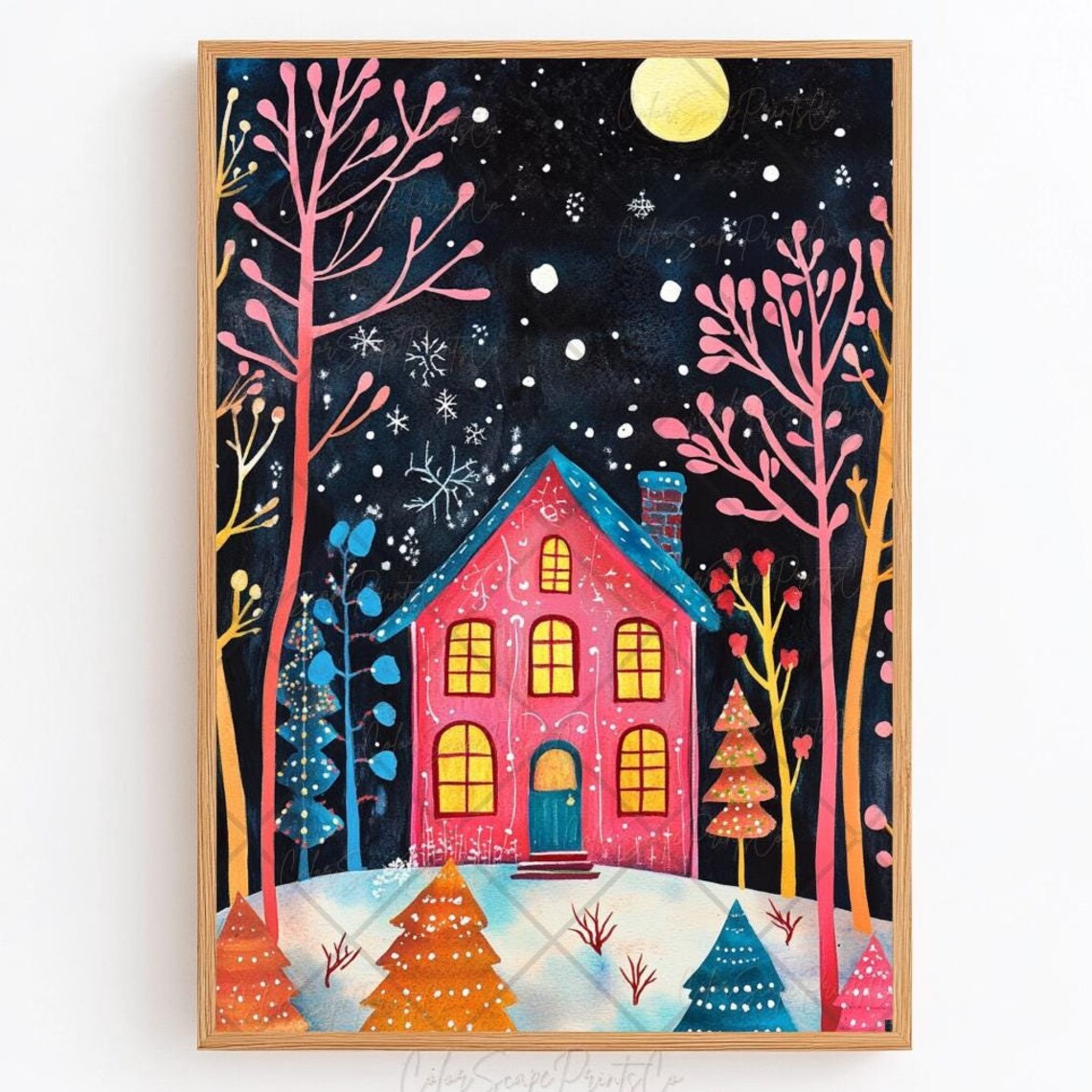 Cute Pink House Snowy Night Moon Winter Wonderland Poster Art
