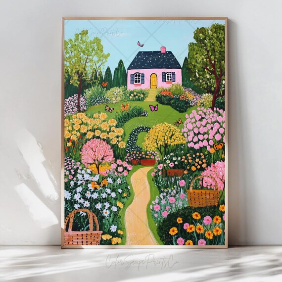 Pink Cottage Blooming Flower Garden Butterflies Spring Folk Art Poster