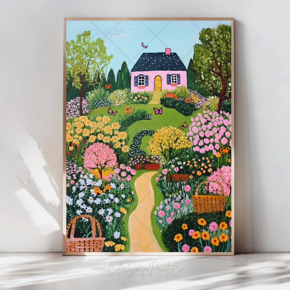Pink Cottage Blooming Flower Garden Butterflies Spring Folk Art Poster