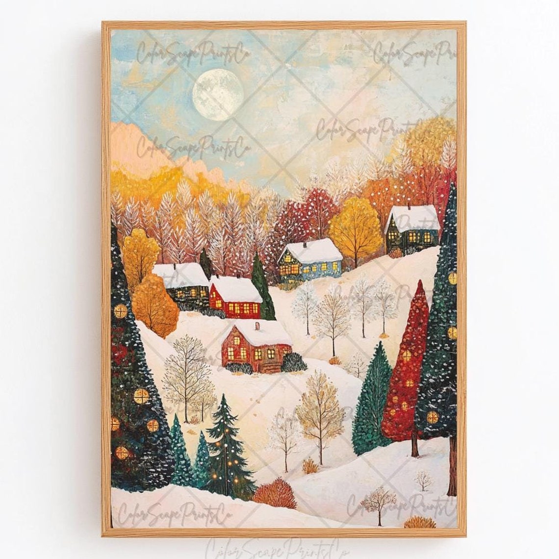 Snowy Village with Autumn Gold Trees Under Pale Moon Light Poster