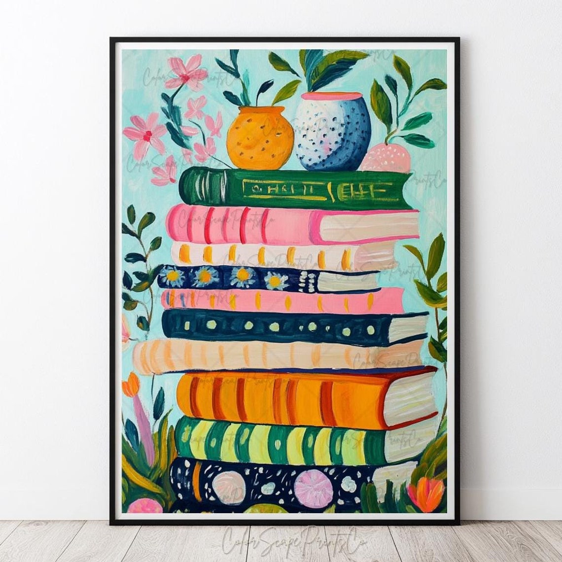 Pastel Book Stack Wall Art Colorful Floral Bookshelf Reading Decor