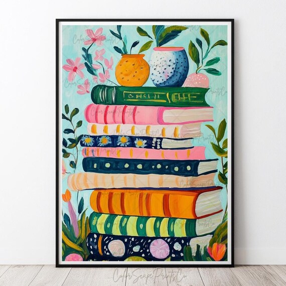 Pastel Book Stack Wall Art Colorful Floral Bookshelf Reading Decor