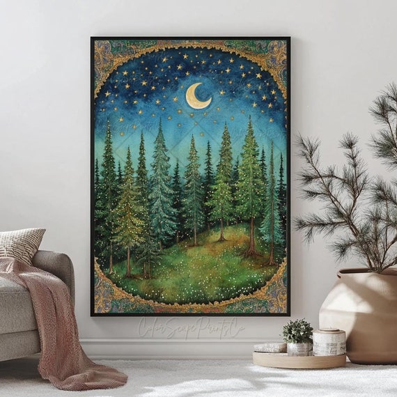 Moon And Stars Wall Art Dark Forest Painting Enchanted Night Print Enchanted Forest Decor Vintage Landscape Print Dark Green Gold Wall Decor