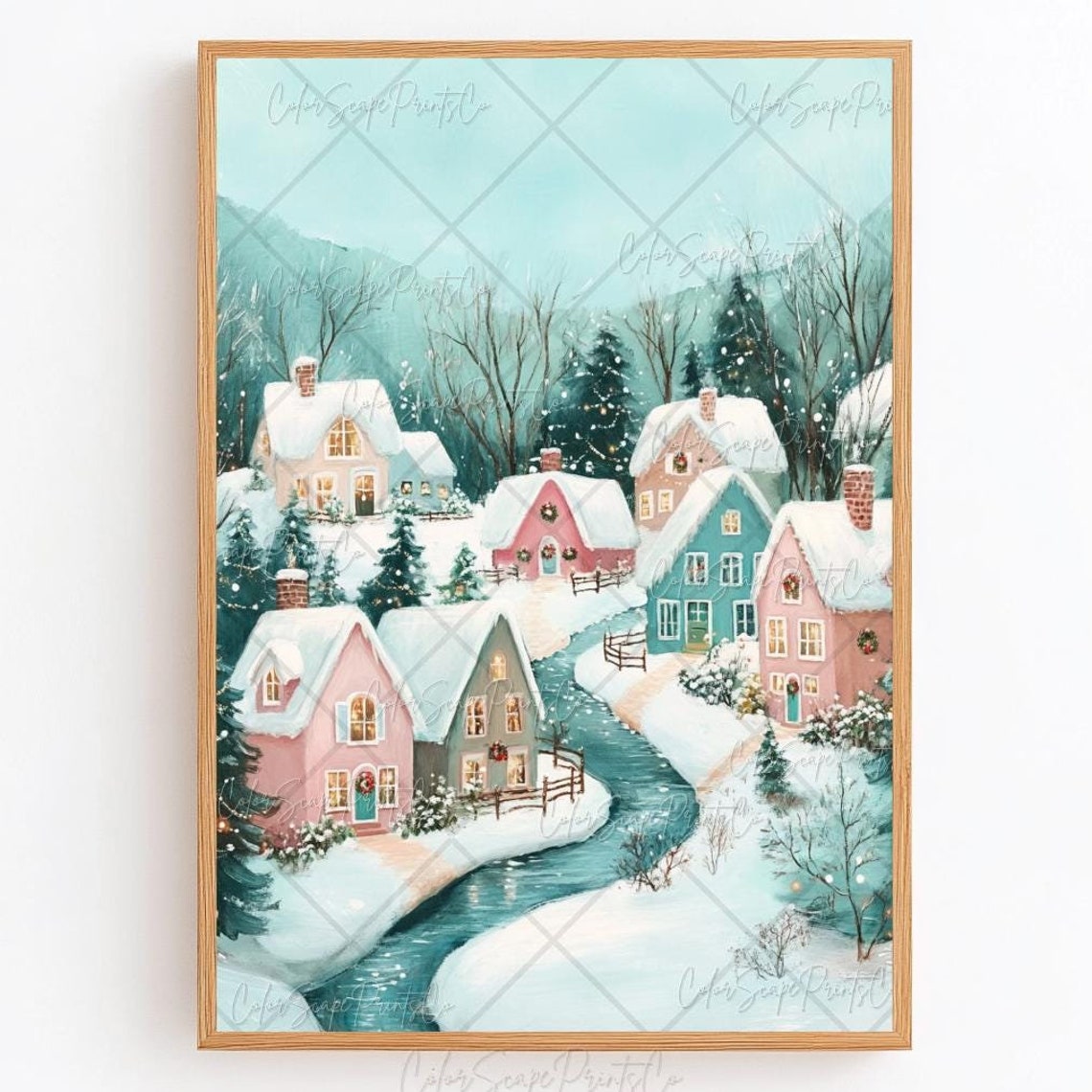Pink Christmas Landscape Painting Snowy Winter Landscape Print Pink Christmas Wall Art Festive Village Print Christmas Town Art Holiday Art