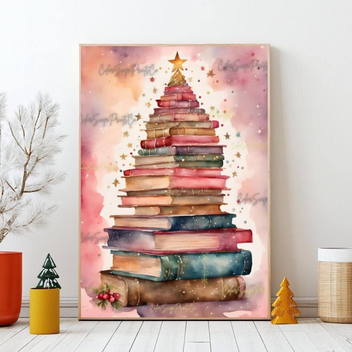 Pink Watercolor Book Stack Christmas Tree Holiday Gold Star Poster - Image 2