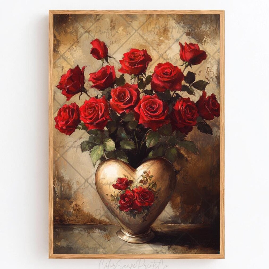 Red Roses in Heart Shaped Vase Vintage Oil Still Life Poster