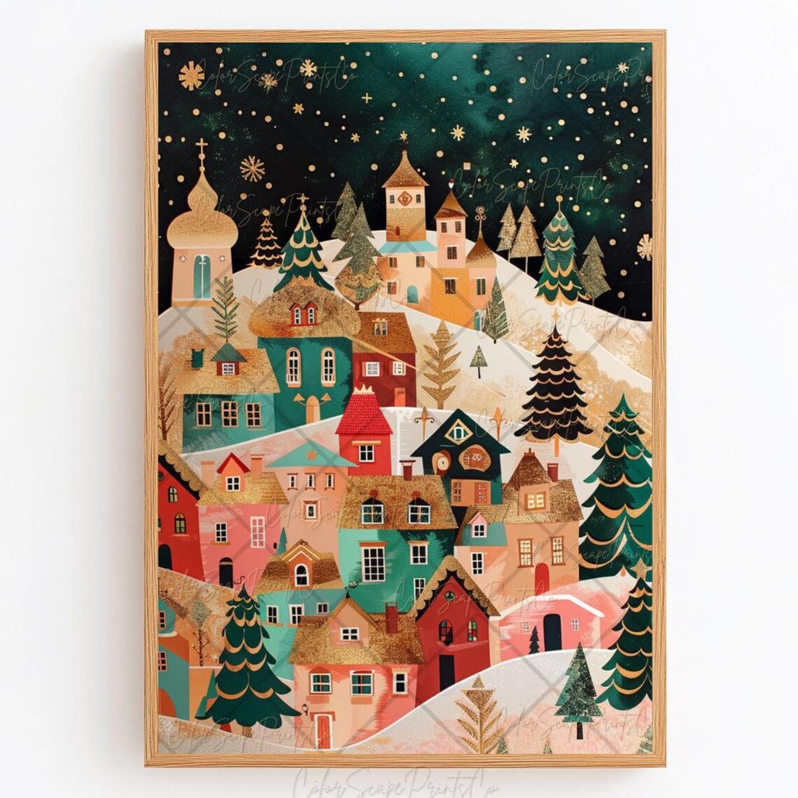 Whimsical Snowy Christmas Village Golden Night Sky Folk Art Poster