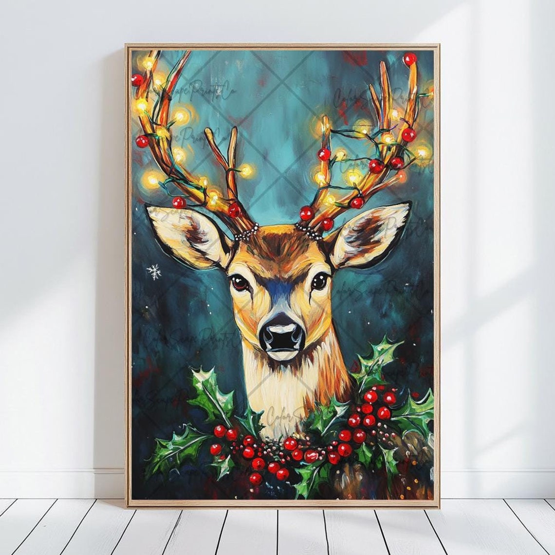 Festive Reindeer Wrapped in Twinkling Christmas Lights Holiday Poster
