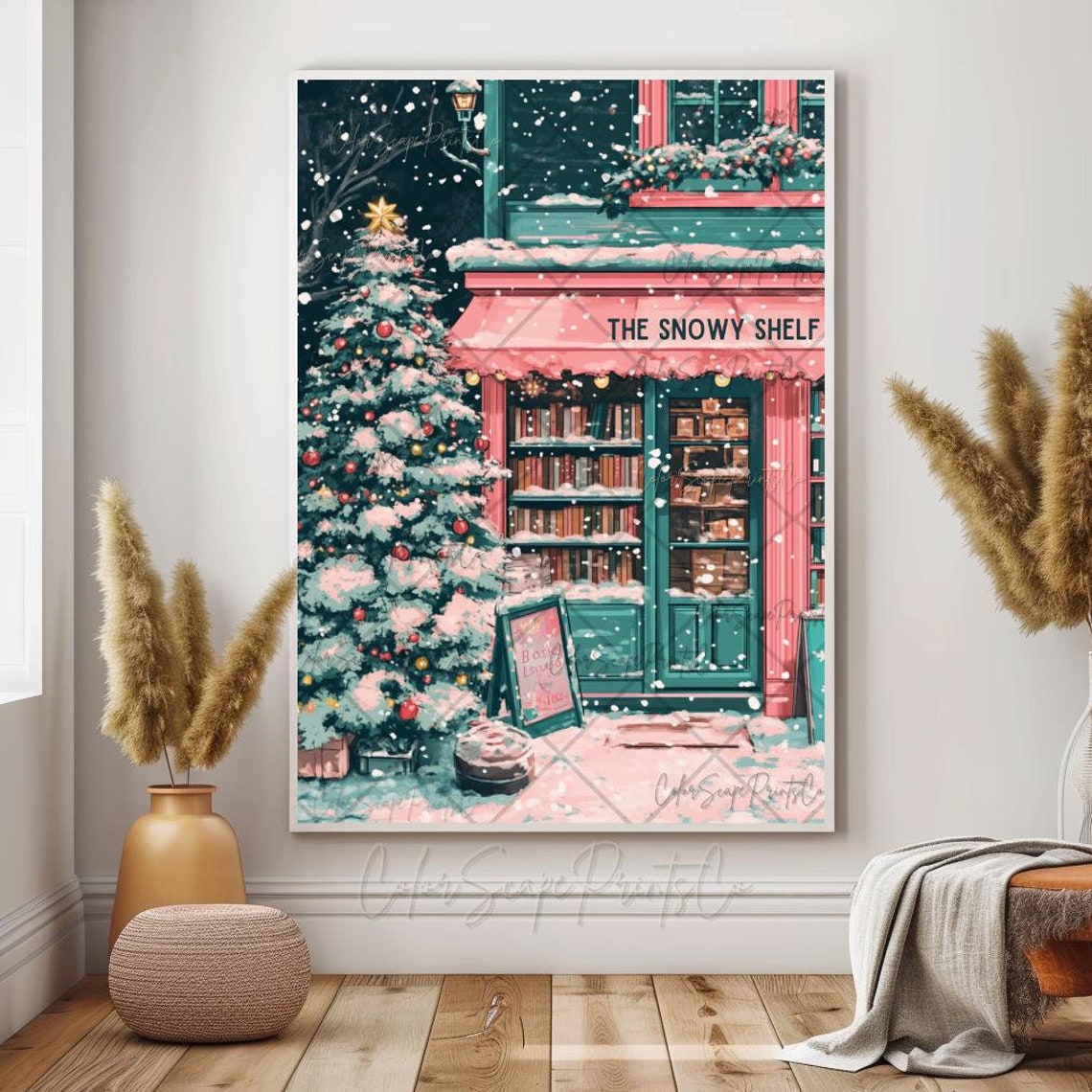 The Snowy Shelf Pink Bookstore Christmas Night Bookshop Poster