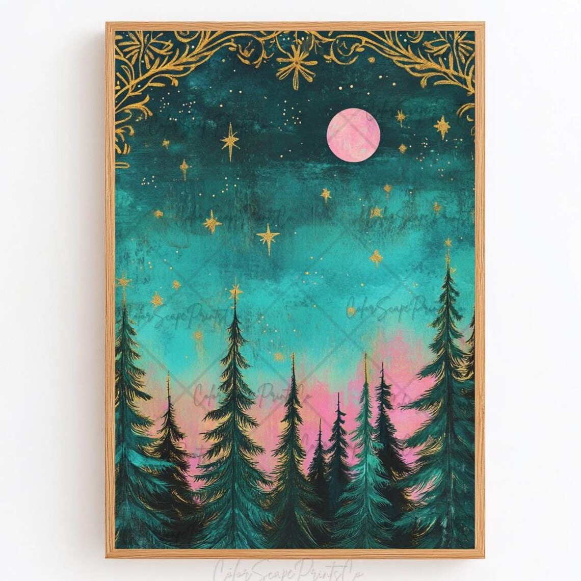 Whimsical Christmas Tree Painting, Winter Forest Art Print