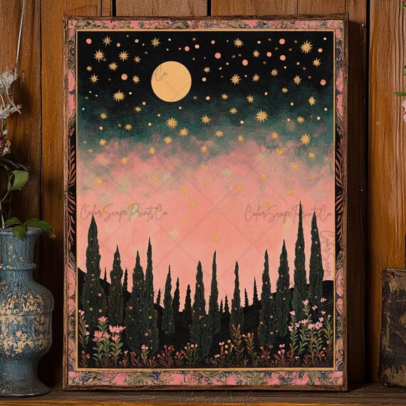 Golden Moon Stars Night Forest Pink Sky Celestial Poster Art