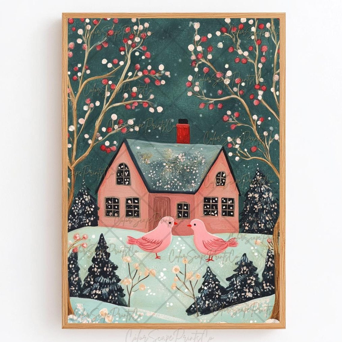Pink Christmas House Print Christmas Bird Art Winter Village Holiday House Art Winter Garden Print Christmas Nursery Print Snowy House Print