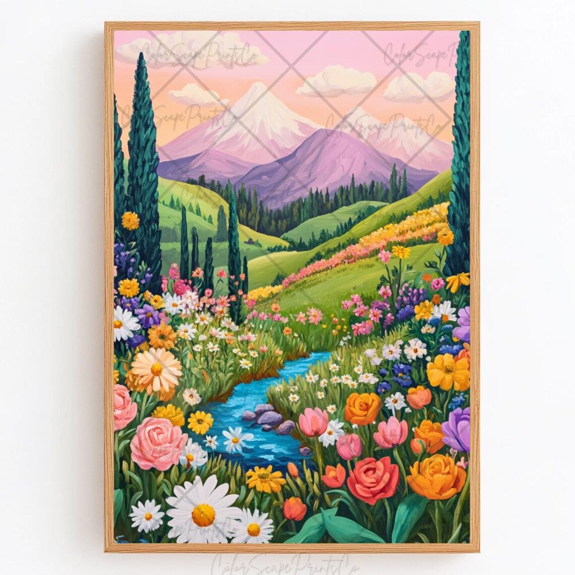 Wildflower Meadow Mountain Valley Stream Scenic Landscape Poster