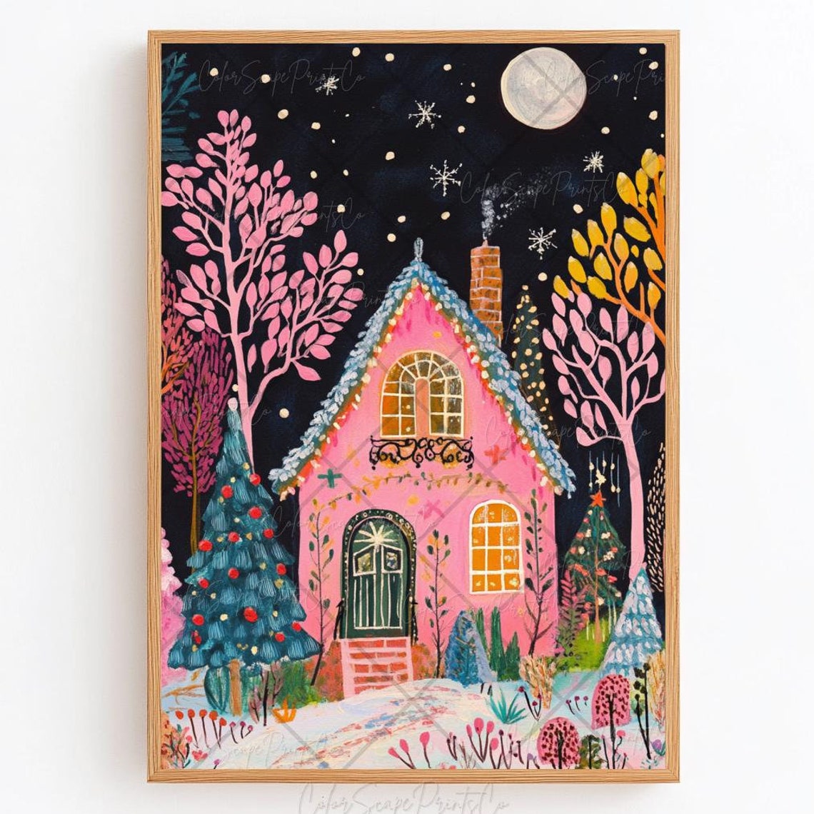 Pink Christmas House Print Winter Village Holiday Houses Decor Winter Garden Print Snowy House Print Pink Christmas Wall Art Cozy Winter Art