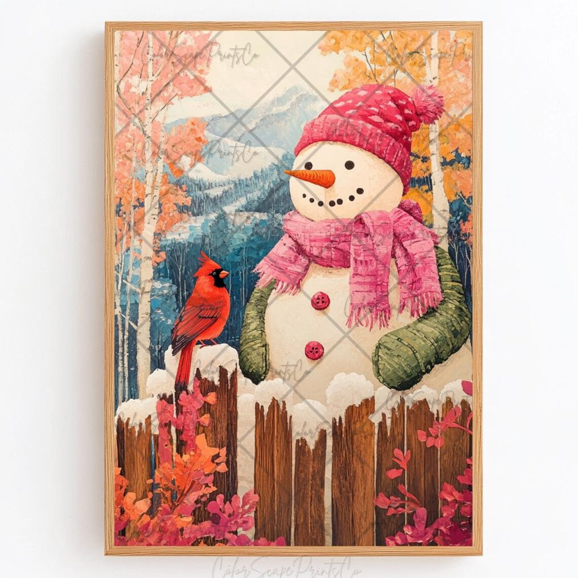 Snowman Painting Snowman And Cardinal Wall Art Winter Wonderland Print Red Cardinal Bird Print Winter Landscape Art Colorful Christmas Print