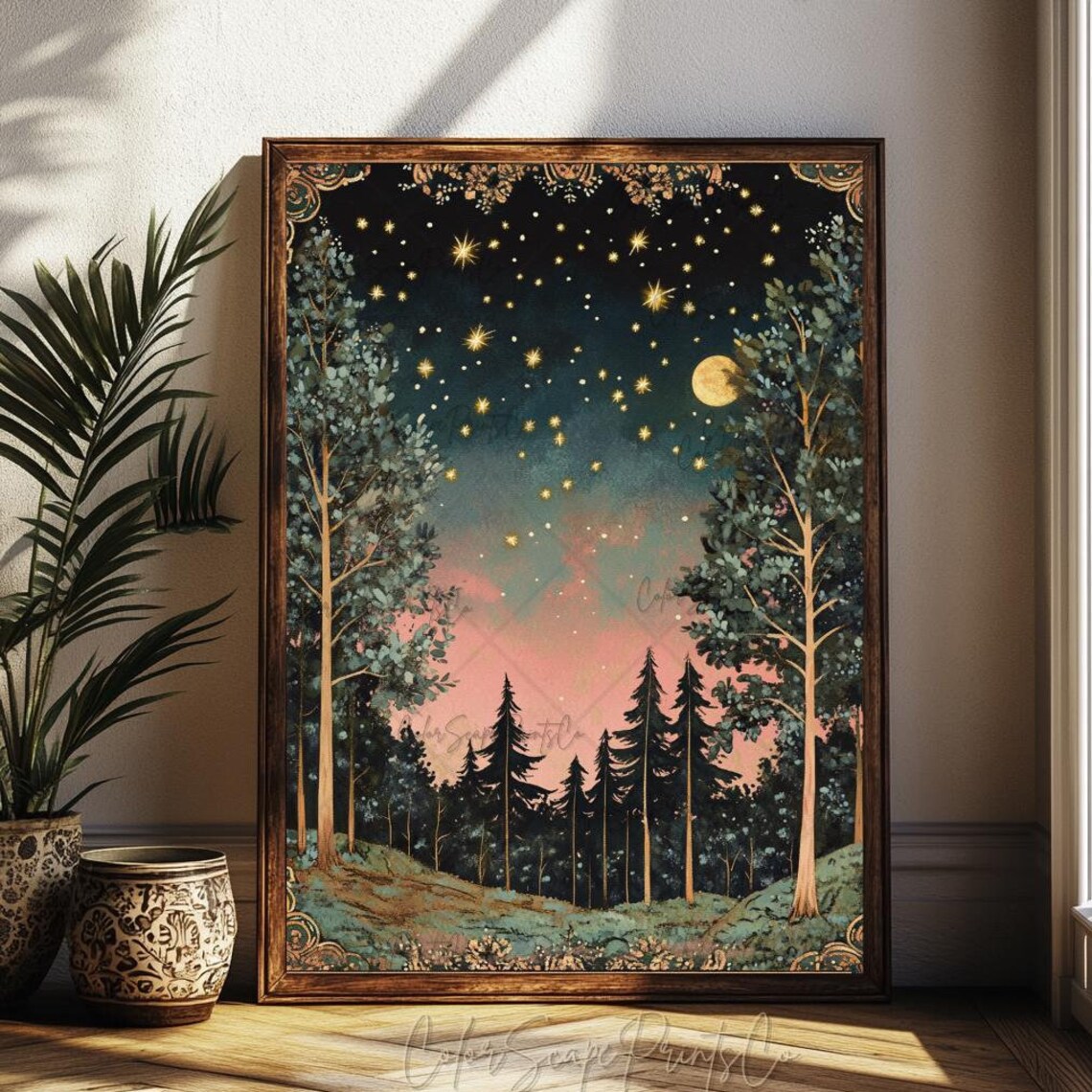 Moon and Stars Dark Forest Vintage Landscape Art Print