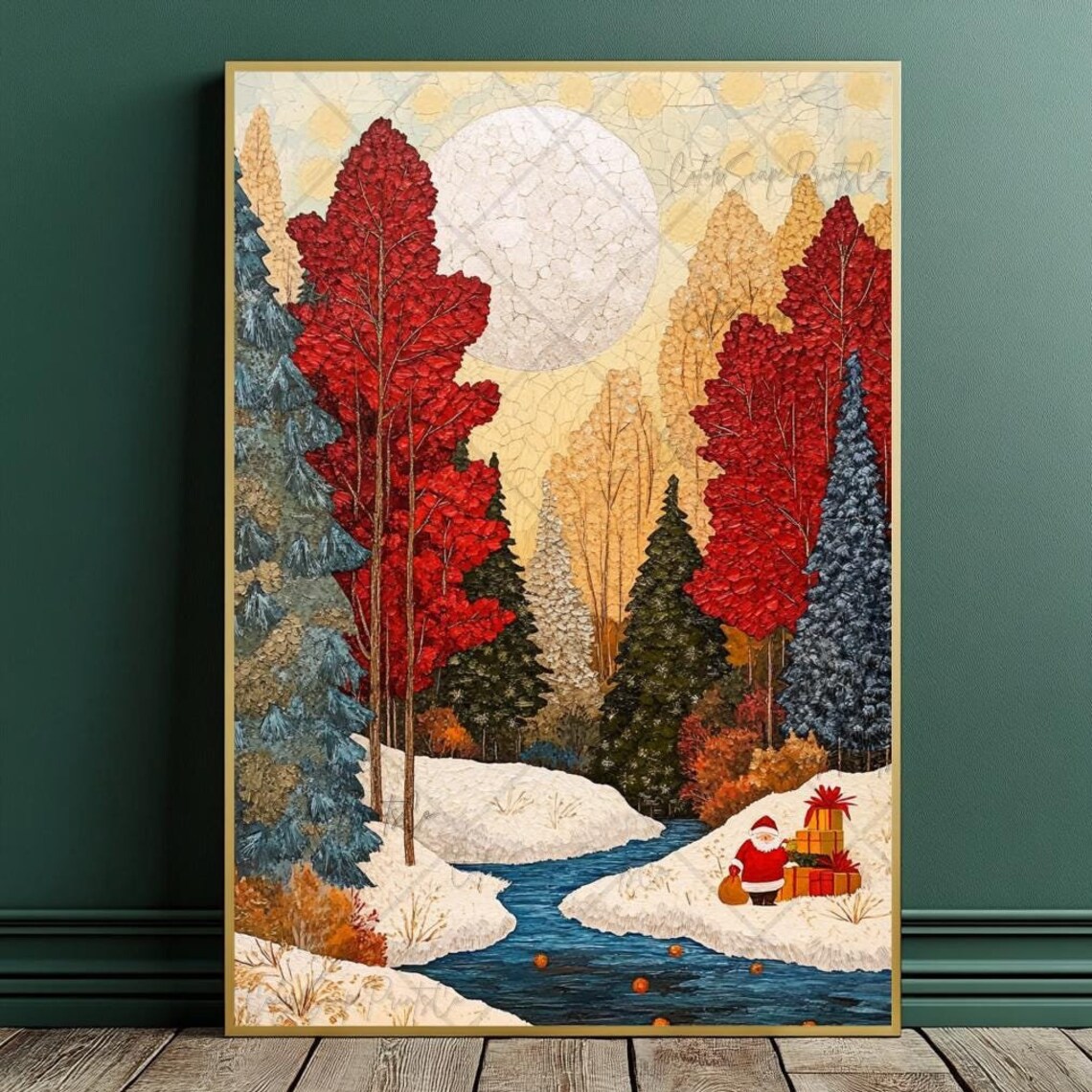 Mosaic Winter River Valley Moonlit Forest Santa Gifts Poster