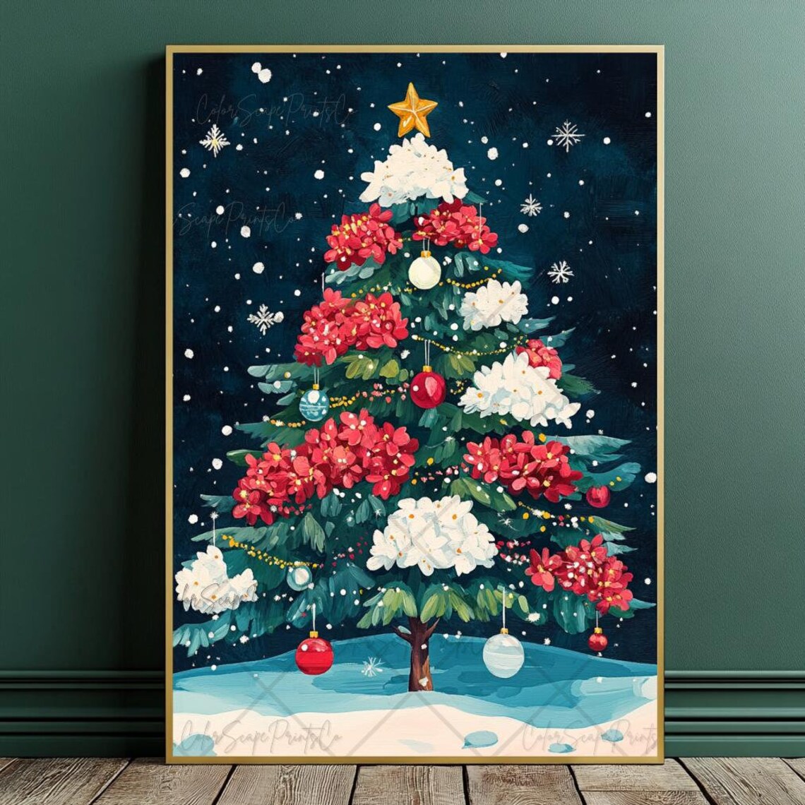 Colorful Christmas Tree Holiday Artwork, Whimsical Print