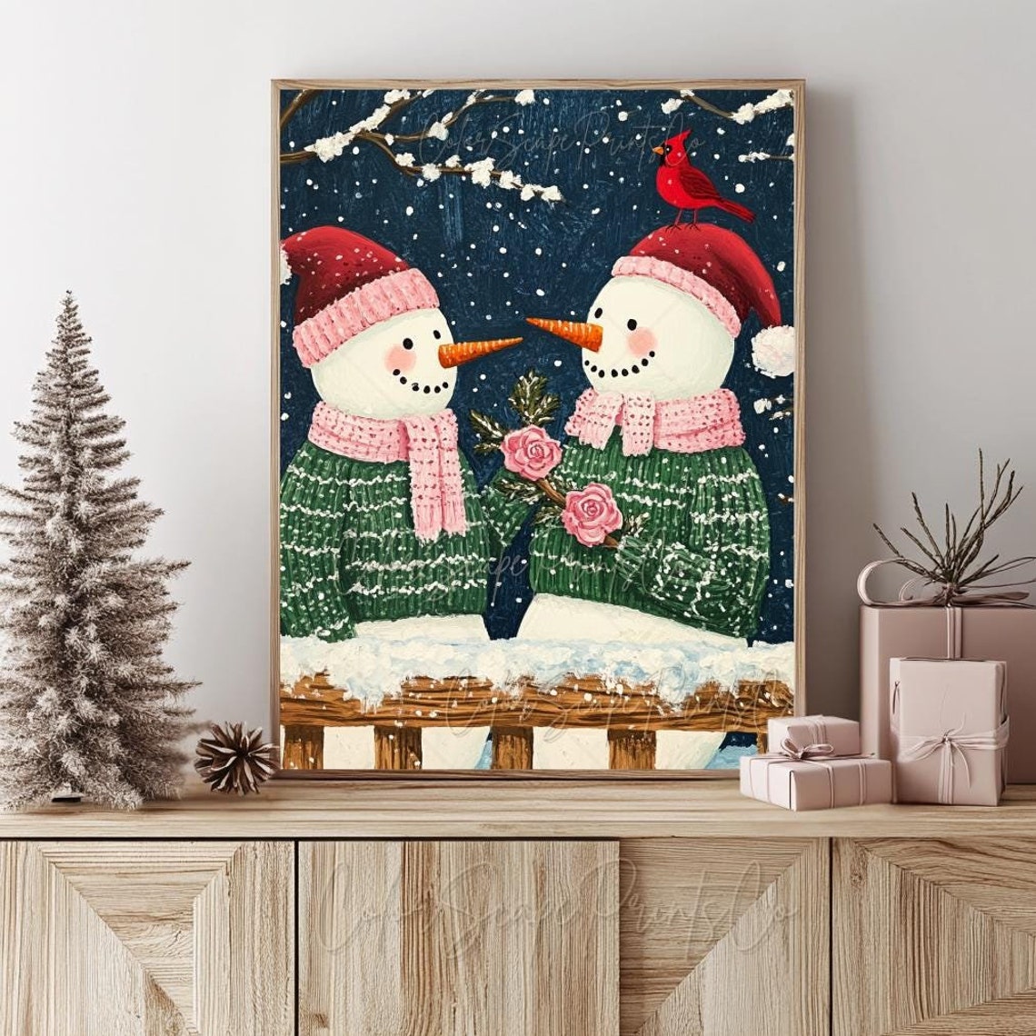 Snowmen Christmas Wall Art Colorful Snowman Painting Pink Snowman With Roses Winter Scenery Christmas Nursery Print Snowman Family