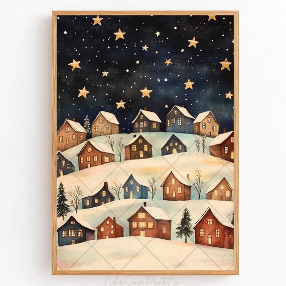 Winter Wonderland Painting Snowy Winter Village Print Starry Night Sky Print Moody Christmas Village Print Snowy Winter Sky Festive Houses